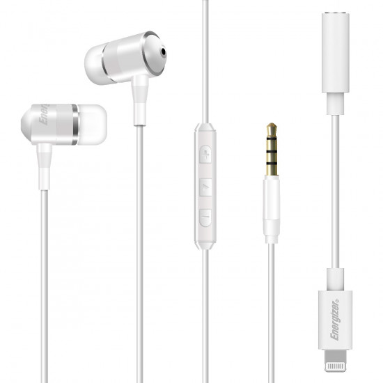 Hands Free Energizer UIL35WH2 Metal Stereo 3.5 mm  με Αντάπτορα Lightning Apple Certified MFi σε 3.5 mm και Πλήκτρα Λειτουργίας 1.2m Λευκό 35987