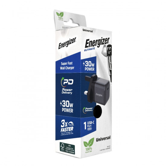 Φορτιστής Ταξιδίου Energizer Fast Charge με USB-C 30W  Μαύρος με UK Plug 46314