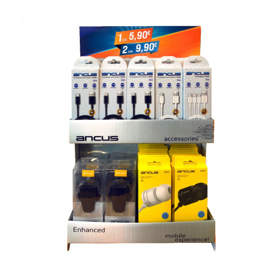 Stand με Αξεσουάρ Ancus, Hands Free, Φορτιστές και Καλώδια Σύνδεσης 48 Τεμαχίων UK Version 46300