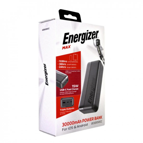 Power Bank Energizer UE30050CC 30000mAh 15W Fast Charge με 2xUSB-C 1xUSB-A και LED Ένδειξη Μπαταρίας Μαύρο 49836