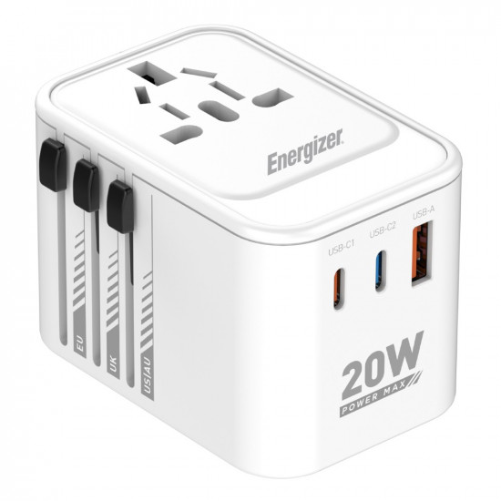 Παγκόσμιος Φορτιστής Ταξιδίου Energizer ETC200 US/AU UK EU με 1xUSB-A 18W και 2xUSB-C 20W/12W Λευκός 49857