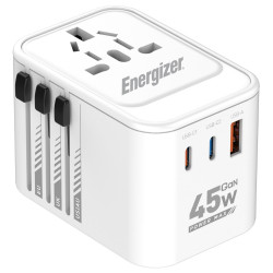 Παγκόσμιος Φορτιστής Ταξιδίου Energizer ETC450 US/AU UK EU με 1xUSB-A 30W και 2xUSB-C 45W/12W GaN Λευκός 49858