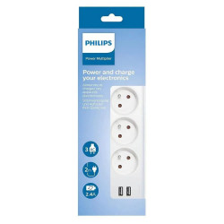 Πολύπριζο Philips SPN3032WA/19 με 3 Θύρες Εισαγωγής Σούκο Διακόπτη On/Off και 2 Θύρες USB Καλώδιο 2m Λευκό 46748