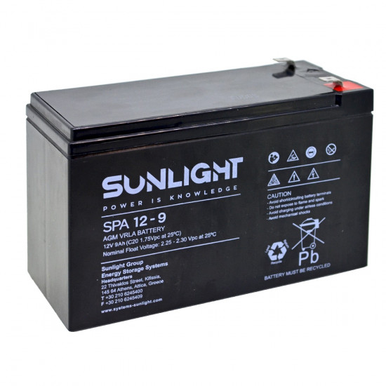 Μπαταρία Sunlight VRLA AGM (12V 9Ah) 2.6kg 93mm x 65mm x 150mm 38089