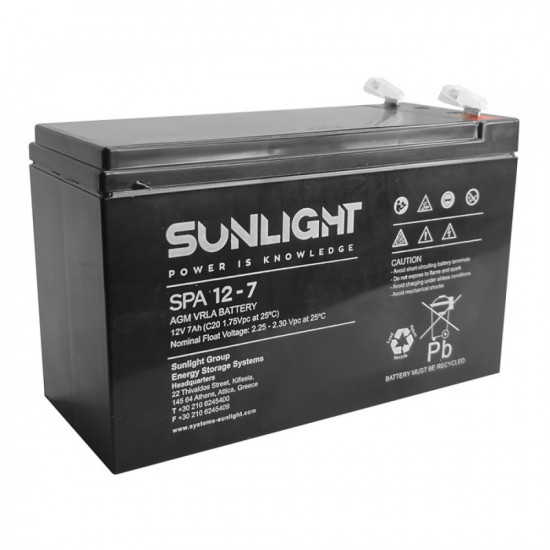 Μπαταρία Sunlight VRLA AGM (12V 7Ah) 2.05kg 151mm x 65mm x 94mm με Μεγάλους Πόλους 45311