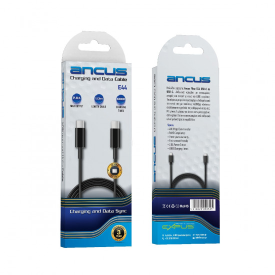 Καλώδιο Σύνδεσης και Φόρτισης Ancus Flow E44 USB-C σε USB-C 2.0A 480Mbps Data Transfer Μαύρο 1m 34226