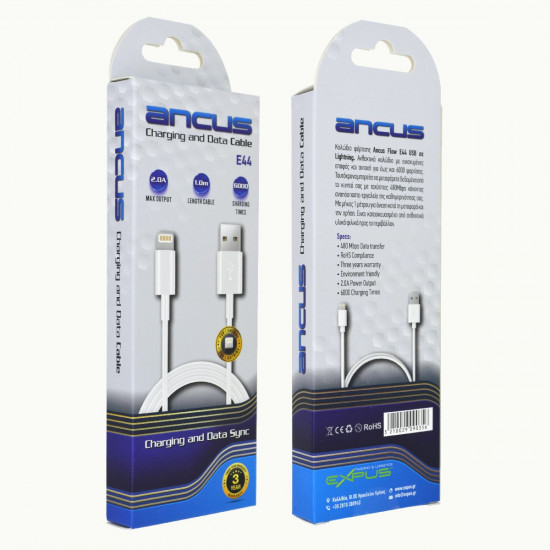 Καλώδιο Σύνδεσης και Φόρτισης Ancus Flow E44 USB σε Lightning 2.0A Data Transfer 480Mbp Λευκό 1m 34229