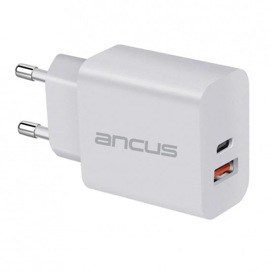 Φορτιστής Ταξιδίου Switching Ancus Supreme Series C70D Dual Fast Charge με USB/USB-C Έξοδο QC3.0 PD30W Λευκό 35085