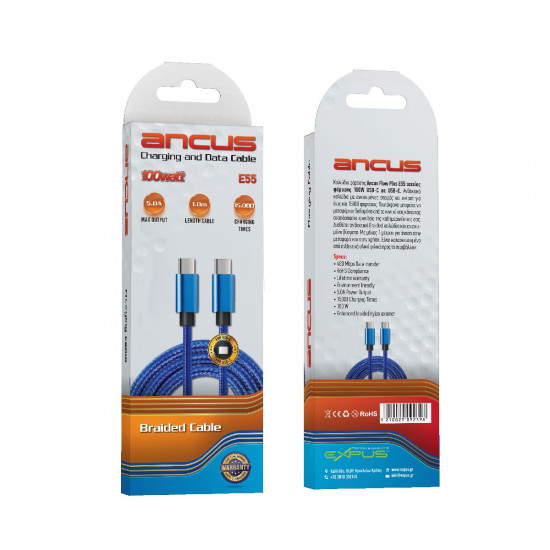 Καλώδιο Σύνδεσης και Φόρτισης Ancus Flow Plus E55 Fast Charge USB-C σε USB-C 5.0A PD100W με Braided Καλώδιο Μπλέ 1m. Με 5 Χρονια Εγγύηση 35134