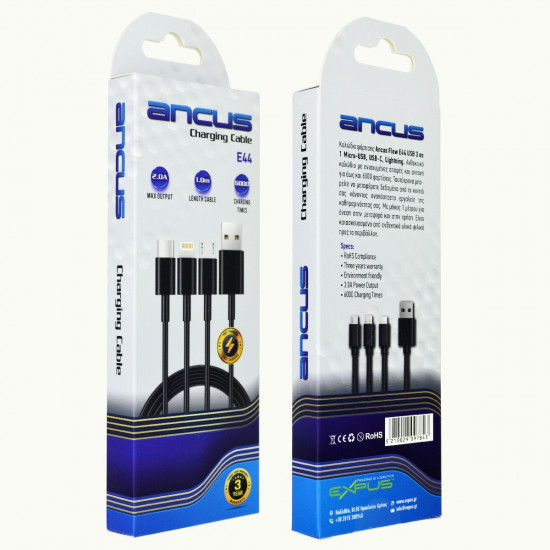 Καλώδιο Σύνδεσης και Φόρτισης Ancus Flow E44 USB 3 σε 1 Micro-USB, USB-C, Lightning 3.0A Μαύρο 1m 36551