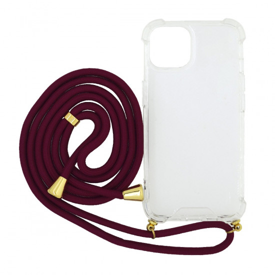 Θήκη Ancus Crossbody για Apple iPhone 14 Διάφανη με Κορδόνι Μπορντώ 38641