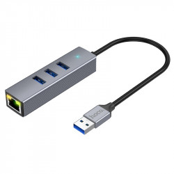Αντάπτορας Hoco HB34 3 x USB σε USB 3.0 και RJ45  με Λειτουργία Μεταφοράς Δεδομένων 1000Mbps Γκρι 40405
