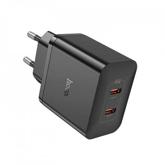 Φορτιστής Ταξιδίου Hoco N35 Streamer με 2 Εξόδους Φόρτισης USB-C PD45W GaN Tech Μαύρος 41110
