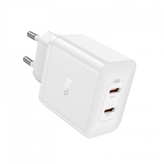 Φορτιστής Ταξιδίου Hoco N35 Streamer με 2 Εξόδους Φόρτισης USB-C Συνολικά PD45W GaN Tech Λευκός 41111