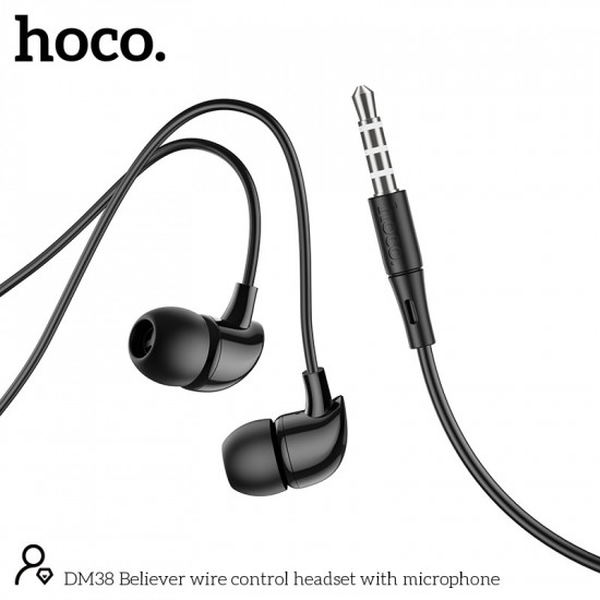 Hands Free Hoco. DM38 Believer Stereo 3.5mm με Μικρόφωνο και Πλήκτρο Λειτουργίας 1.2m  Μαύρα 46236