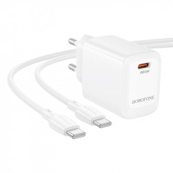 Φορτιστής Ταξιδίου Borofone BN26 Fuente Mini Size GaN USB-C PD20W  + Καλώδιο Φόρτισης USB-C σε USB-C Λευκός 46562