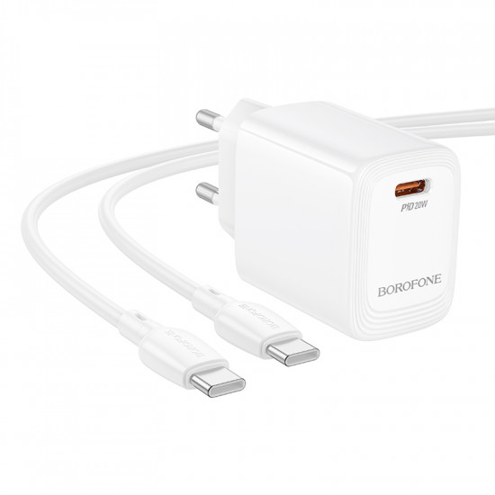 Φορτιστής Ταξιδίου Borofone BN26 Fuente Mini Size GaN USB-C PD20W  + Καλώδιο Φόρτισης USB-C σε USB-C Λευκός 46562
