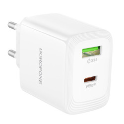 Φορτιστής Ταξιδίου Borofone BN30 Cargador GaN με 1xUSB-C PD45W και 1xUSB-A QC PD18W Λευκός 50283