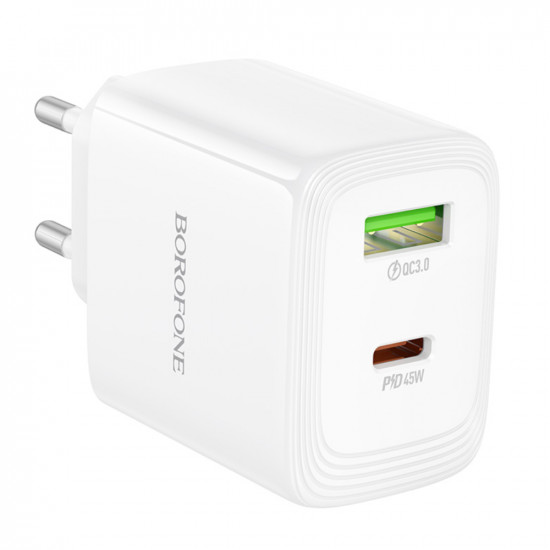 Φορτιστής Ταξιδίου Borofone BN30 Cargador GaN με 1xUSB-C PD45W και 1xUSB-A QC PD18W Λευκός 50283