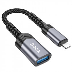 Αντάπτορας  Hoco UA24 Lightning σε USB με Λειτουργία OTG 480Mbps Δυνατότητα Φόρτισης 5V/2A και Κοντό Anti-bending Καλώδιο Γκρι 41073