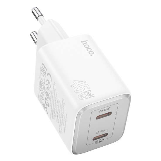 Φορτιστής Ταξιδίου Hoco N42 Elogiado Small Body με 2 Εξόδους Φόρτισης USB-C PD45W Λευκός 45709