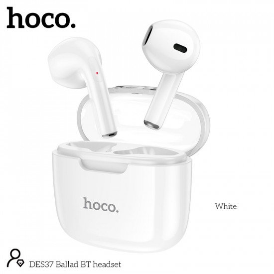 Wireless Hands Free Hoco. DES37 Ballad TWS V5.3 250mAh 3.5 Ώρες Λειτουργίας με Πλήκτρο Ελέγχου και Συμβατό με Siri Λευκά 46252