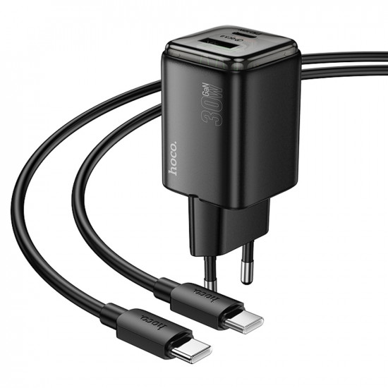 Φορτιστής Ταξιδίου Small Size Hoco N53 Monsoon PD30W QC3.0A GaN με 1xUSB-C και 1xUSB-A + Καλώδιο Φόρτισης Type-C σε Type-C 1m Μαύρος 46128