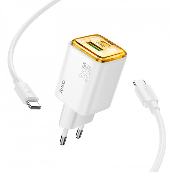 Φορτιστής Ταξιδίου Hoco N53 Monsoon Small Body GaN με 1xUSB-C PD30W και 1xUSB-A QC3.0A + Καλώδιο Φόρτισης 1m Λευκός 45758