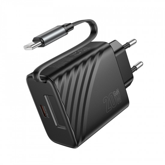 Φορτιστής Ταξιδίου Hoco N57 GaN PD20W με 1xUSB-C Θύρα και Αναδιπλούμενο Καλώδιο 65cm Μαύρος 45813