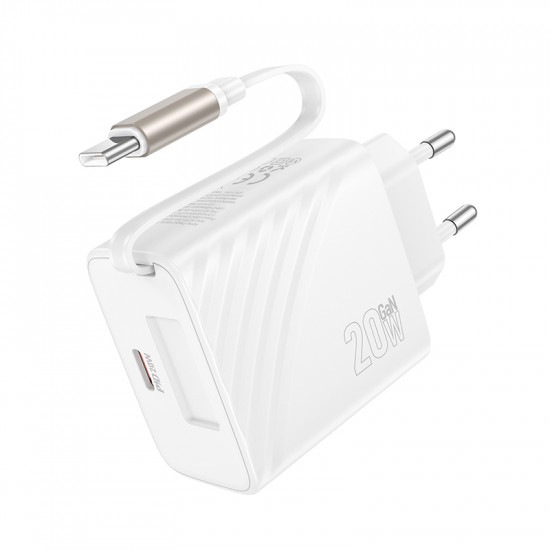 Φορτιστής Ταξιδίου Hoco N57 PD20W GaN Tech με 1xUSB-C Θύρα και Type C Αναδιπλούμενο Καλώδιο 65cm Λευκός 45738