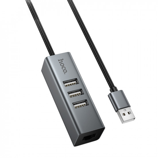 USB Hub Hoco HB1D 4-in-1 USB-A σε 3xUSB-A 2.0 + RJ45 εως 480Mbps Aluminum Alloy Γκρι 50629