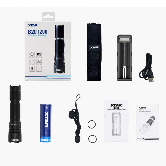 Σετ Επαναφορτιζόμενος Φακός Xtar B20 Sports 1200 Lumens IPX8 Απόσταση 240m με Μπαταρία 21700 4900mAh Αλουμινίου και Φορτιστή SC1 35463