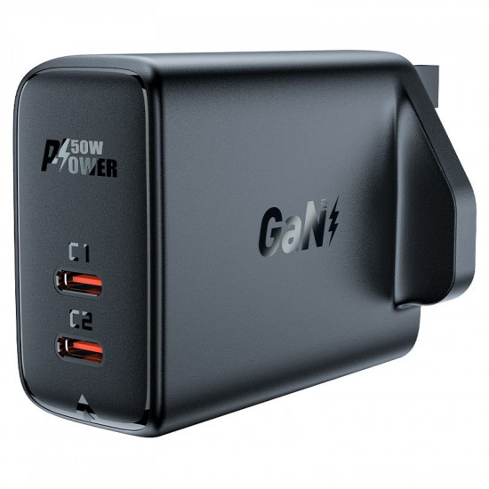 Φορτιστής Ταξιδίου Acefast A32 Fast Charging 2xUSB-C PD50W GaN Μαύρος με UK Plug 39902
