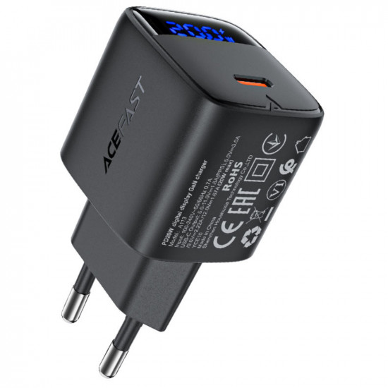 Φορτιστής Ταξιδίου Acefast A113 Fast Charging USB-C PD20W GaN με Digital Ένδειξη Φόρτισης Μαύρος 47770