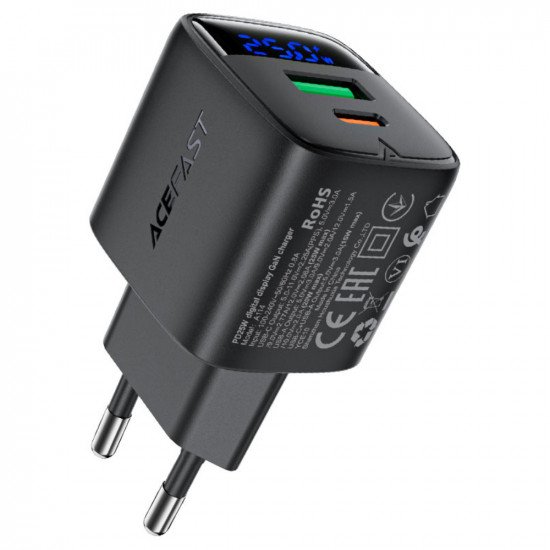 Φορτιστής Ταξιδίου Acefast A114 Fast Charging 1xUSB-A + 1xUSB-C PD25W QC3.0 GaN με LED Ένδειξη Μαύρος 47761