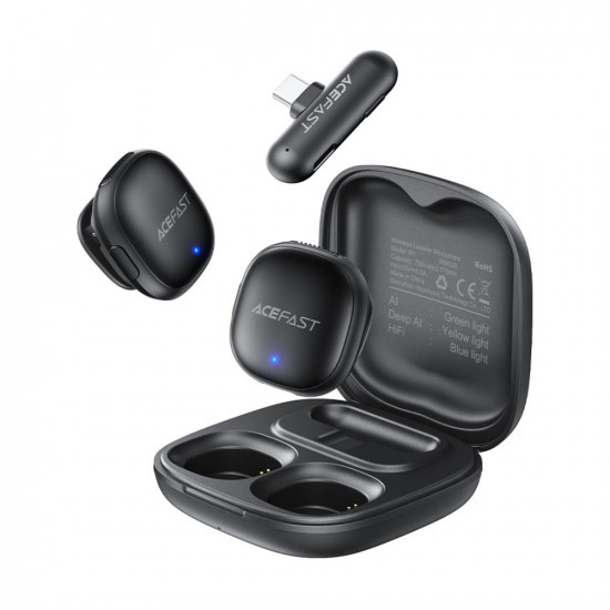 Σετ 2 Μικρόφωνα Πέτου Lavalier Acefast R1 HD AI Μείωση Θορύβου, Ακτίνα 50m και 48hr Διάρκεια Μπαταρίας με USB-C Transmitter και Θήκη Φόρτισης Μαύρο 49289