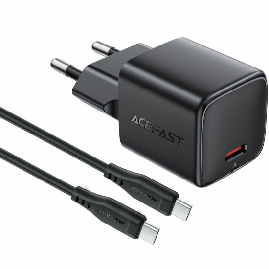 Φορτιστής Ταξιδίου Acefast A118 Mini Fast Charging 1xUSB-C PD30W QC3.0 GaN με USB-C σε USB-C Καλώδιο 1.2m Μαύρος 49550