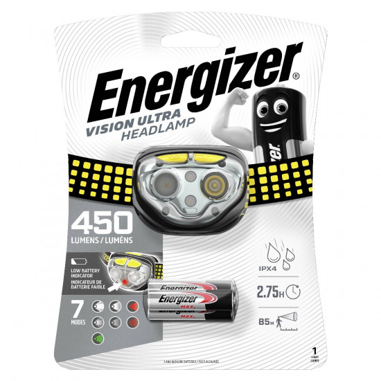 Φακός Κεφαλής Energizer Vision Ultra 450 Lumens IPX4 με 3 Μπαταρίες ΑΑΑ Μαύρο-Κίτρινο 26376