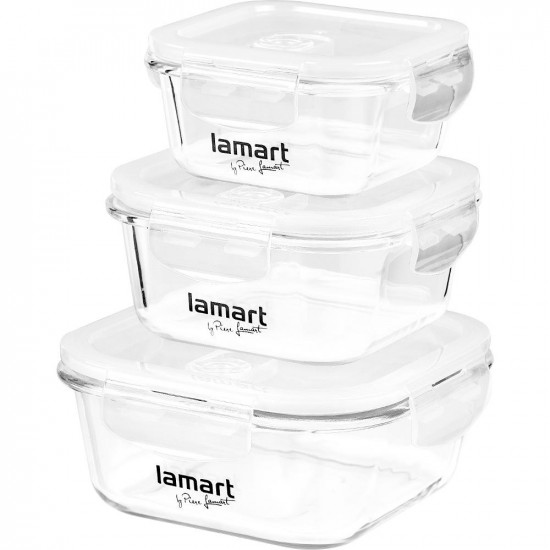 Σετ 3 Τετράγωνα Γυάλινα Δοχεία Φαγητού Lamart LT6012 (320ml, 520ml, 800ml) Κατάλληλα για Ψυγείο, Κατάψυξη, Φούρνο Μικροκυμάτων 43012