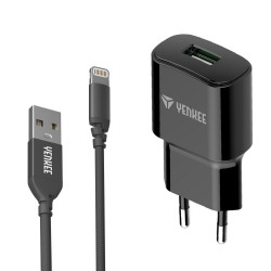 Φορτιστής Ταξιδίου Yenkee YAC 4600 12W USB-A 5V/2.4 A με Καλώδιο USB-A σε Lightning Apple Certified MFi Braided Μαύρο 1m 47178