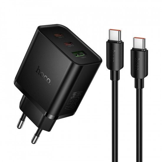 Φορτιστής Ταξιδίου Hoco N75 Grande GaN 65W High Power Fast Charge με 2xUSB-C 1xUSB-A και Καλώδιο USB-C σε USB-C 60W Μαύρος 51061