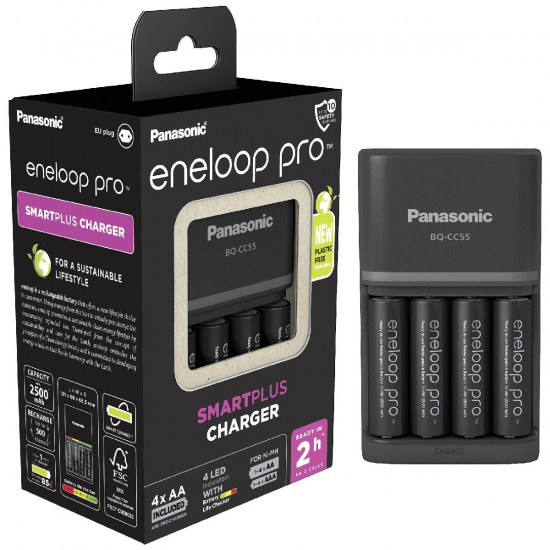 Φορτιστής Μπαταριών Panasonic Eneloop Pro BQ-CC55E Smart & Quick για AA/AAA + 4 Μπαταρίες size AA BK-3HCDE/2BE 2500 mAh Ni-MH 1.2V Eco Pack 38543