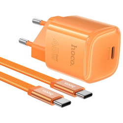 Φορτιστής Ταξιδίου Hoco. DC148 Ridge 1xUSB-C PD45W GaN QC με Καλώδιο USB-C σε USB-C 1.2m Braided Πορτοκαλί 51485
