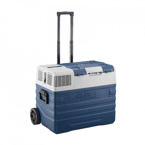 First Austria FA-5171 Τροχήλατο μπλε φορητό ηλεκτρικό ψυγείο θερμαντήρας με συμπιεστή, Bluetooth, USB-Out και οθόνη LED 12V/24V-43L καθαρά