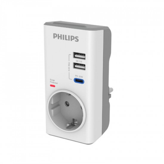 Philips CHP8010W/GRS Μονόπριζο ασφαλείας με 2USB+Type-C, 3680W, 380J