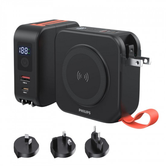 Philips DLP4347CB/GRS Μαύρο Power bank ταξιδιού με ασύρματη επαγωγική φόρτιση, USB-C, USB-A και ενσωματωμένα καλώδια φόρτισης Τype-C και lightning με 3 αντάπτορες – 10000mAh
