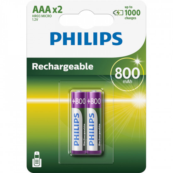 Philips R03B2Α80/GRS Επαναφορτιζόμενες μπαταρίες προ-φορτισμένες Ni-Mh 2 τμχ HR03 AAA 800 mAh 1.2 V