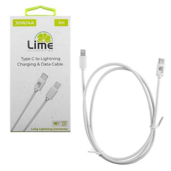 Lime LCL03 Λευκό Kαλώδιο USB Type-C σε Lightning Long 4.0A, 1m για φόρτιση και δεδομένα-30W