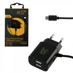 NSP TN228 Μαύρος Φορτιστής ταξιδιού Dual USB-A με ενσωματωμένο καλώδιο Type-C 2800mAh
