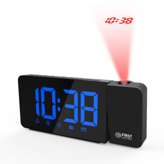 First Austria FA-2419-BU Μαύρο ψηφιακό ξυπνητήρι με μπλε ψηφία, ραδιόφωνο FM, προτζέκτορα και διπλή αφύπνιση